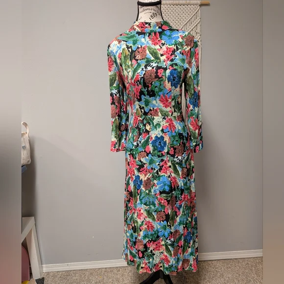 ZARA Floral Midi Dress Watercolor Small 3/4 Sleeve Bow Back Halter High Neck - Picture 2 of 5